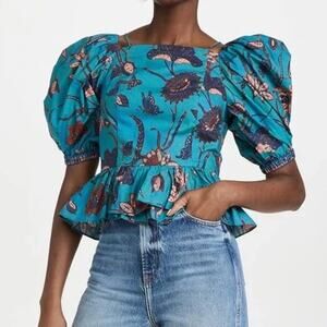 Ulla Johnson Carlotta Puff Short Sleeve Peplum Floral Cropped Top Blue Teal 2